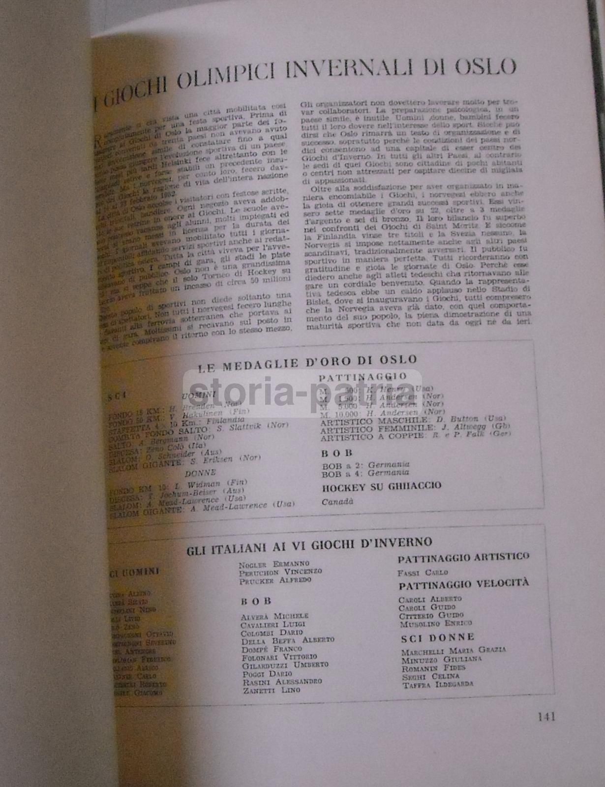 L'Italia Alla XV Olimpiade Helsinki Oslo 1952 CONI Illustrato