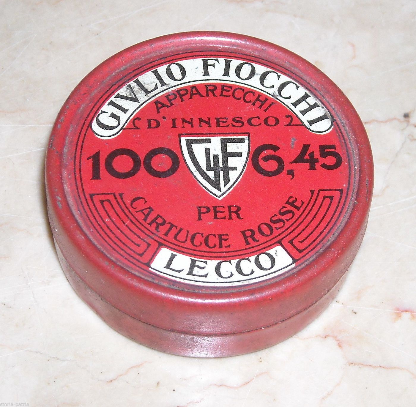 Scatola Latta Fiocchi Lecco Cartucce Rosse, Anni '900