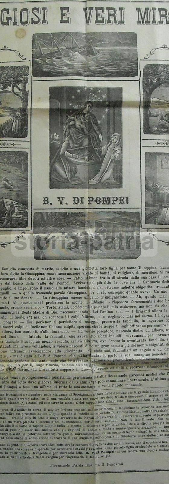 Stampa Popolare Madonna Di Pompei, Miracoli 1898, Foglio Volante