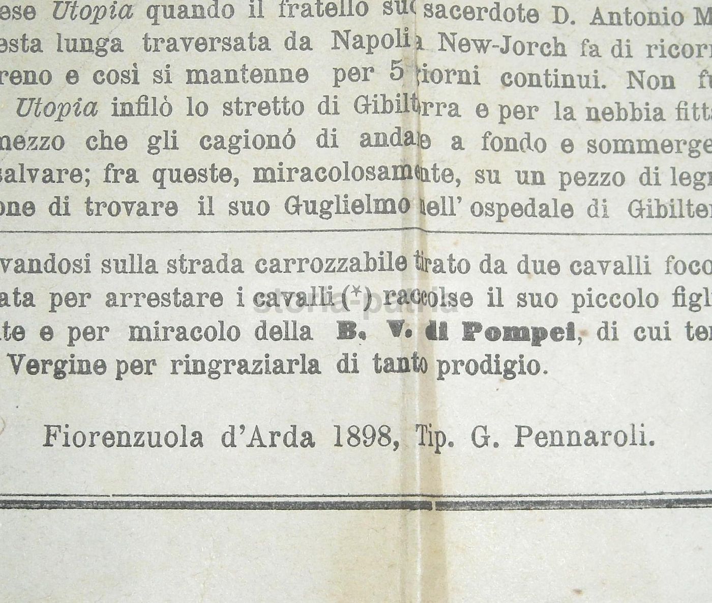 Stampa Popolare Madonna Di Pompei, Miracoli 1898, Foglio Volante