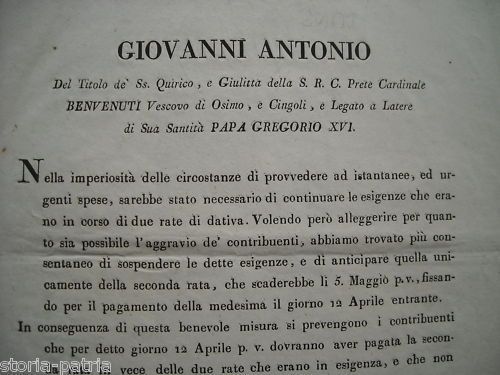 Notificazione Cardinale Benvenuti, Ancona 1831: Tasse Osimo E Cingoli