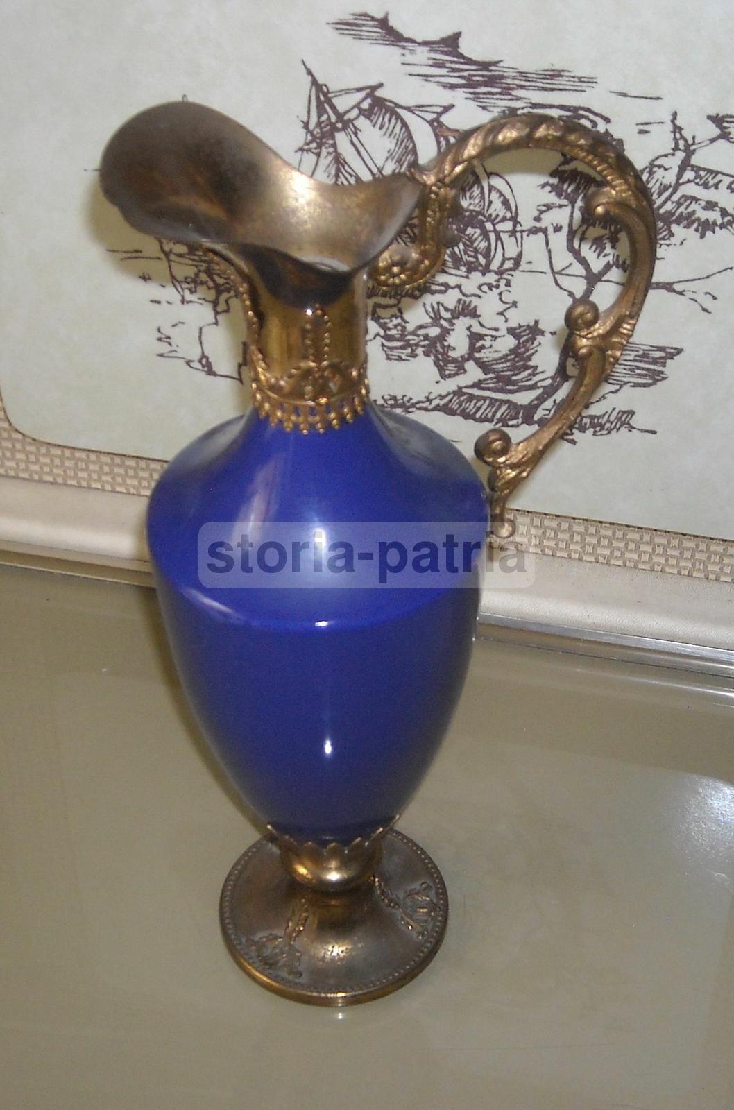 Anfora In Ceramica Blu Con Fregi Dorati, Metà Del Novecento