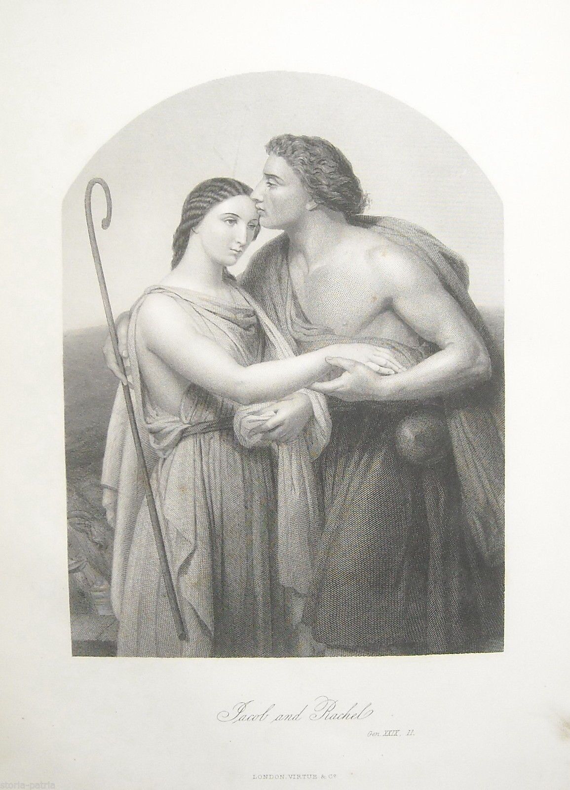 Incisione Antica Giacobbe E Rachele, Genesi Biblica, 1865 Circa