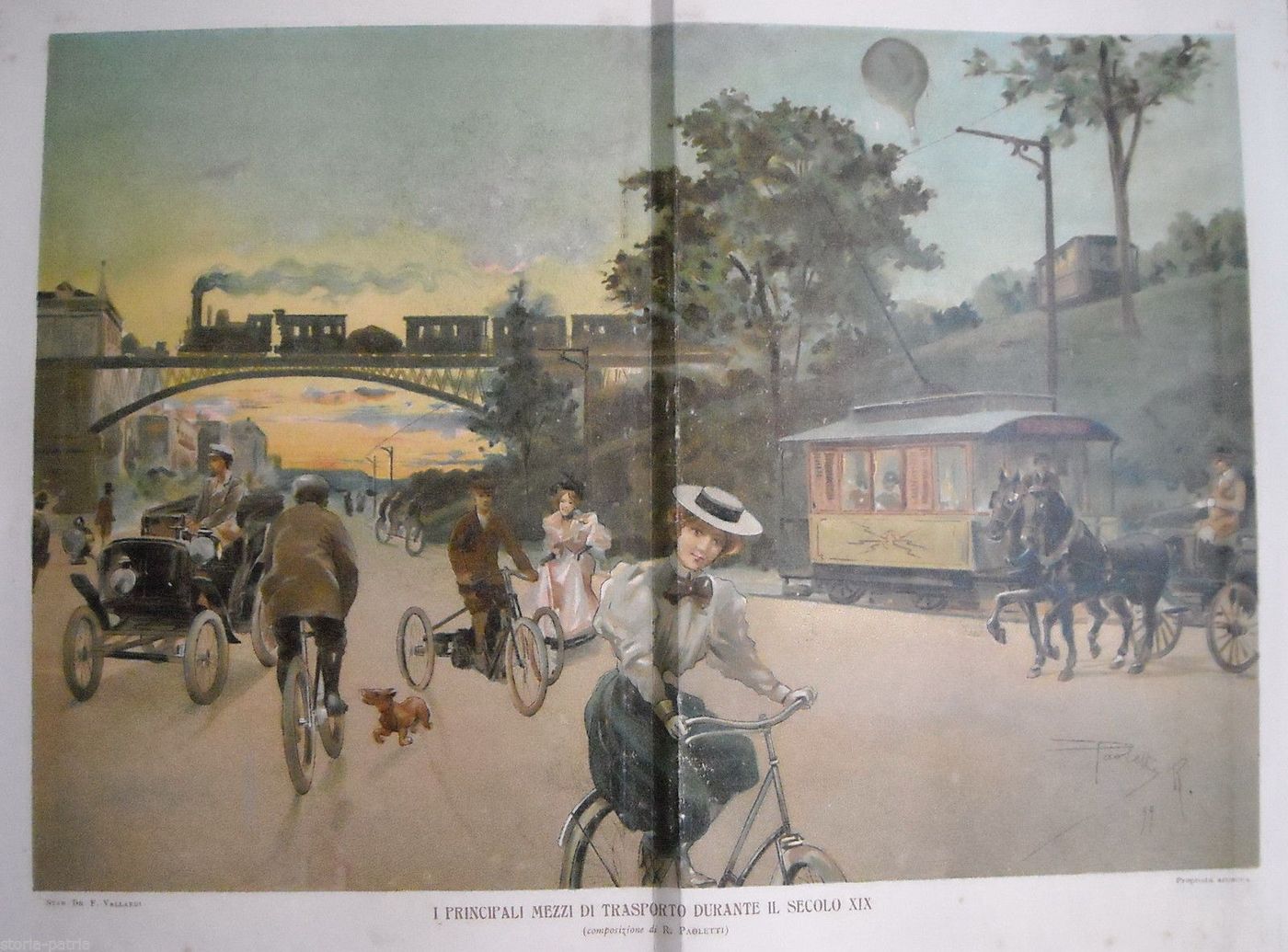 Cromolitografia Trasporti XIX Secolo: Treno, Automobile, Bicicletta