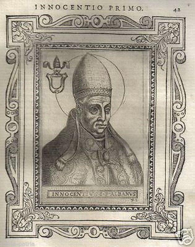 Incisione Antica Di Papa Innocenzo I Del XVI Secolo, Acquaforte Originale