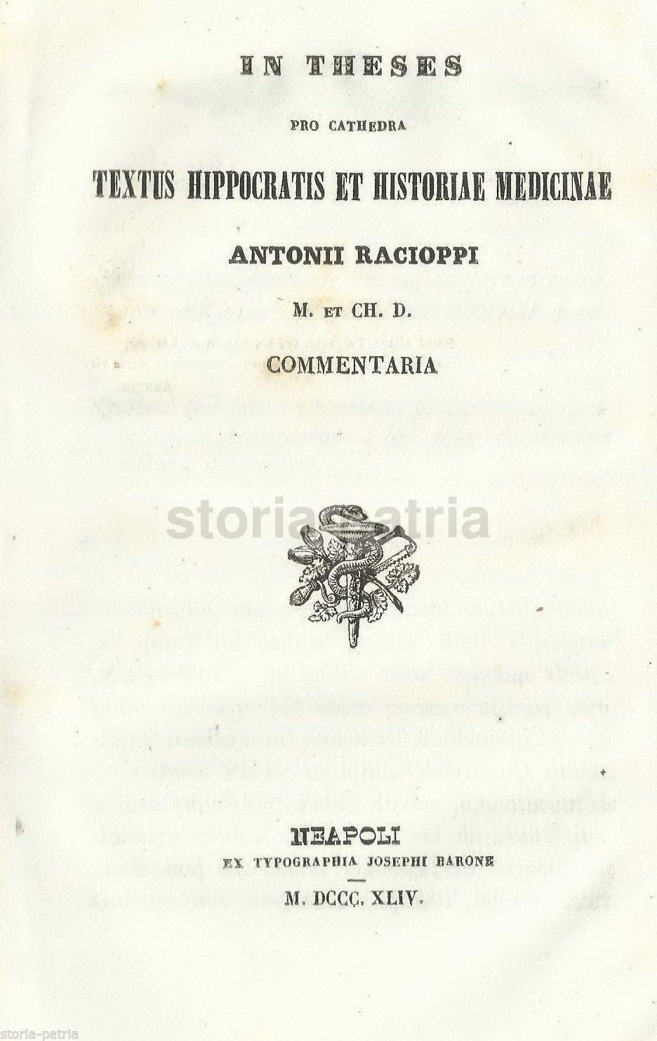 Tesi Di Ippocrate E Storia Della Medicina Di Antonio Racioppi, Napoli 1844