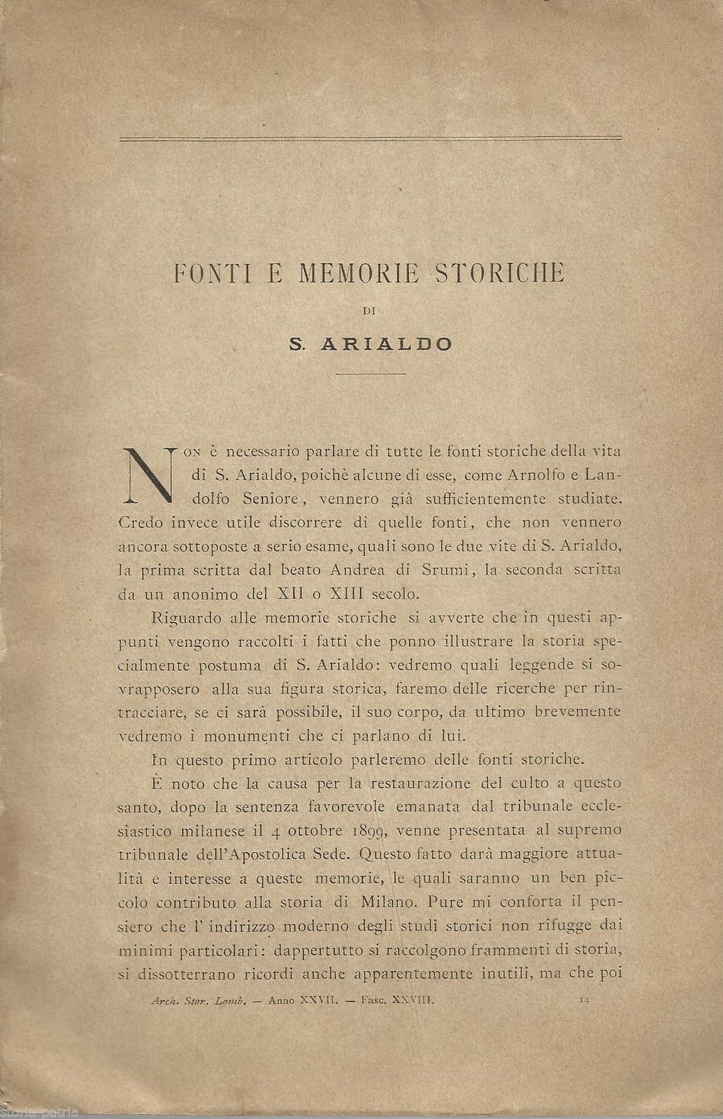 Fonti E Memorie Storiche Di S. Arialdo, Milano, 1900, Pellegrini