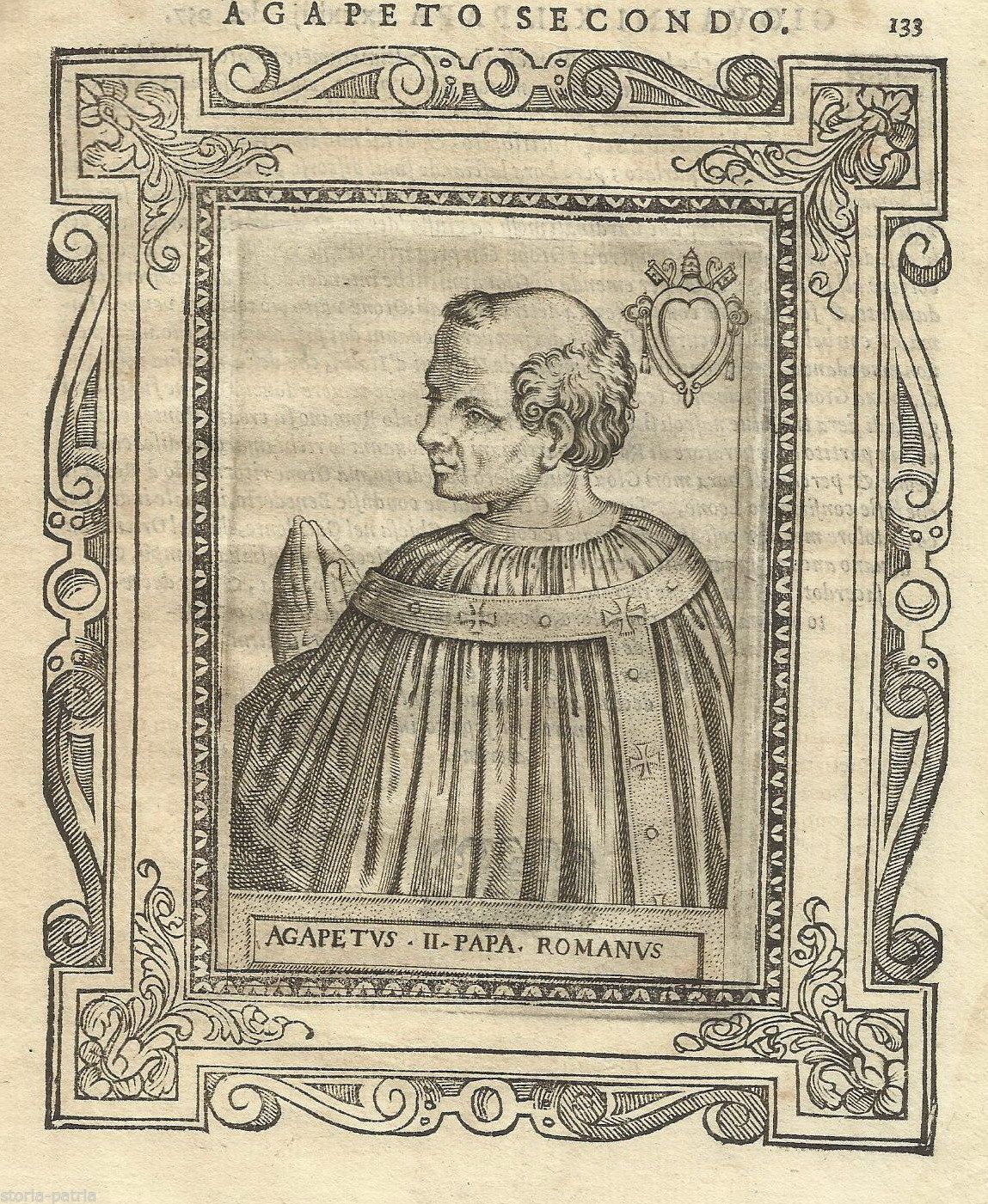 Ritratto Antico Papa Agapito II Incisione Originale XVI Secolo