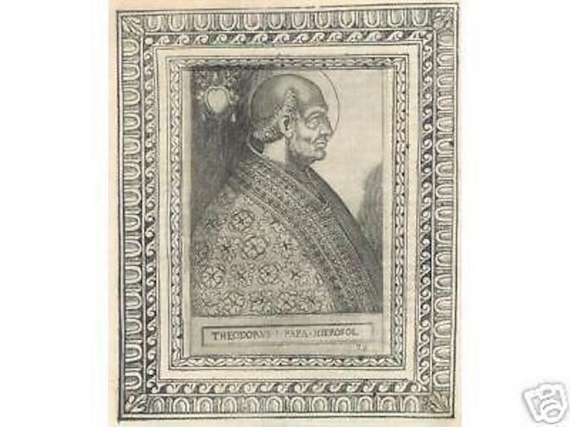 Ritratto Antico Di Papa Teodoro I, Incisione Originale Della Fine Del Cinquecento