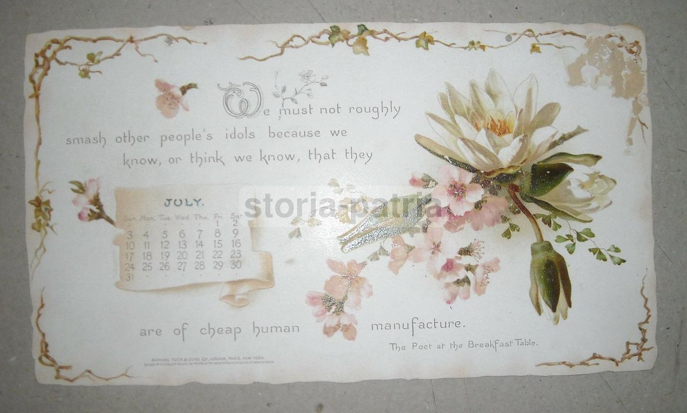 Calendario Luglio 1898 Tuck Cromolitografia Fiori Vittoriana Antica