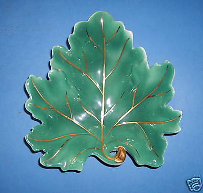 Soprammobile Foglia In Ceramica Verde E Oro Anni '50