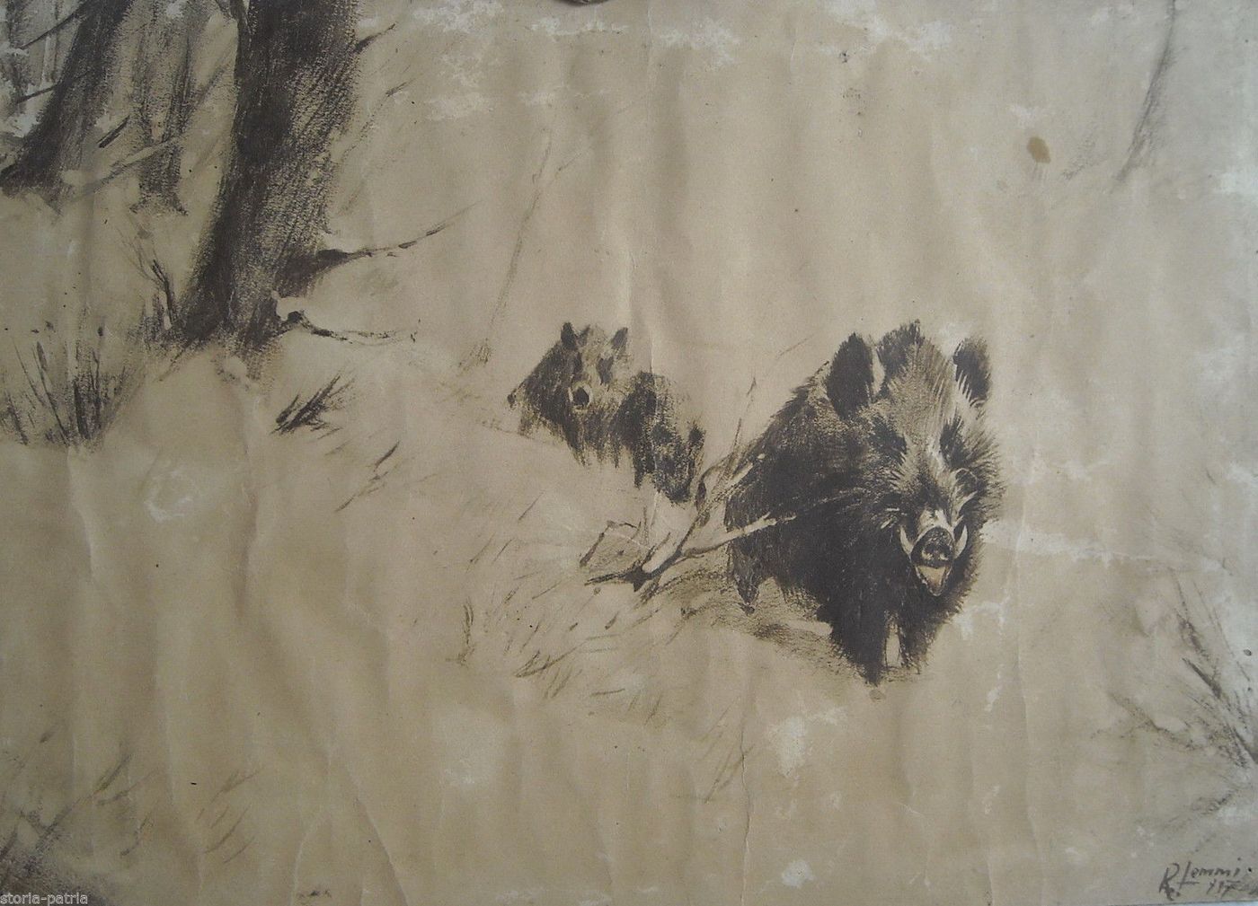 Stampa Caccia Al Cinghiale Roberto Lemmi 1917 Zoologia Decorativa
