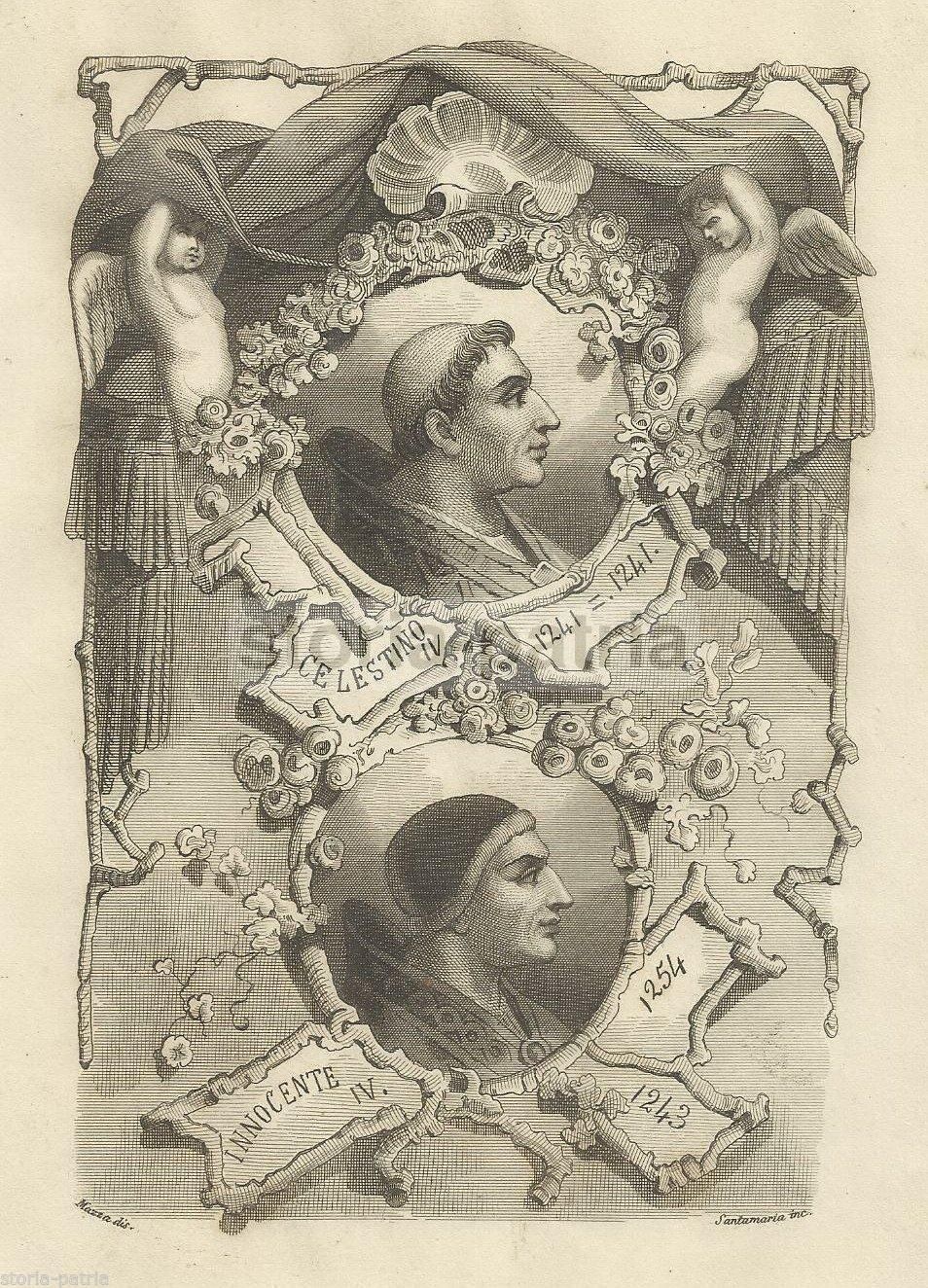 Incisione Antica Dei Papi Celestino IV E Innocenzo IV Di Mazza E Santamaria