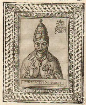 Ritratto Antico Di Papa Benedetto XII Con Stemma Araldico, Incisione A Tecnica Mista