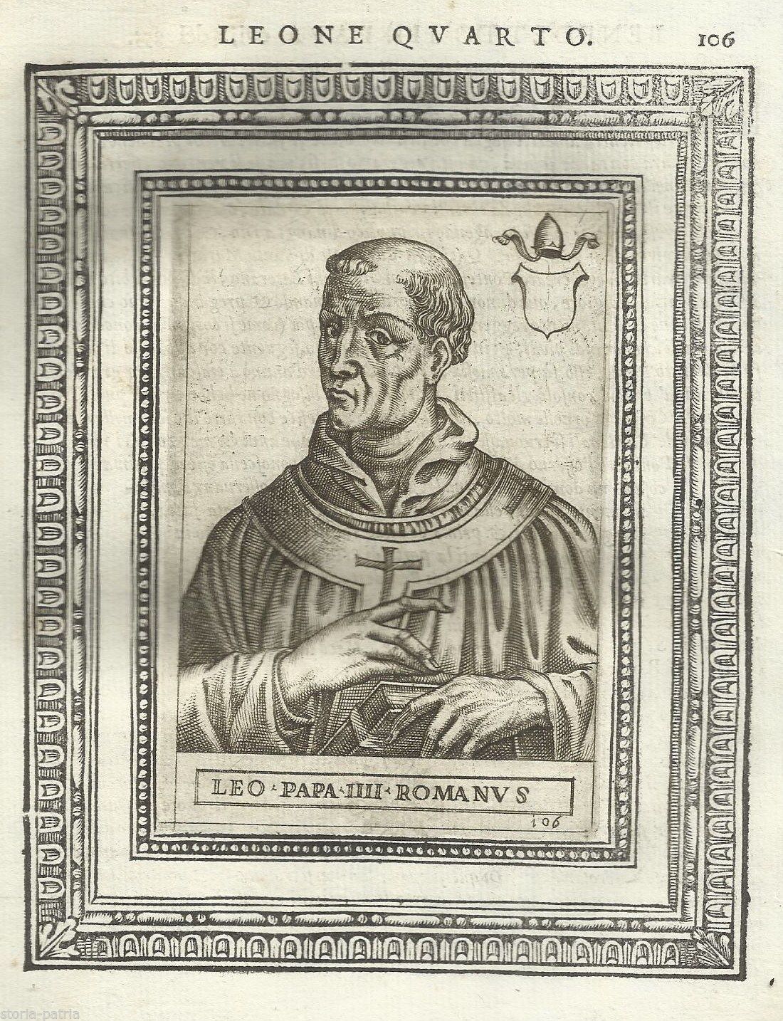 Antica Incisione Papa Leone IV Ritratto Storico XVI Secolo