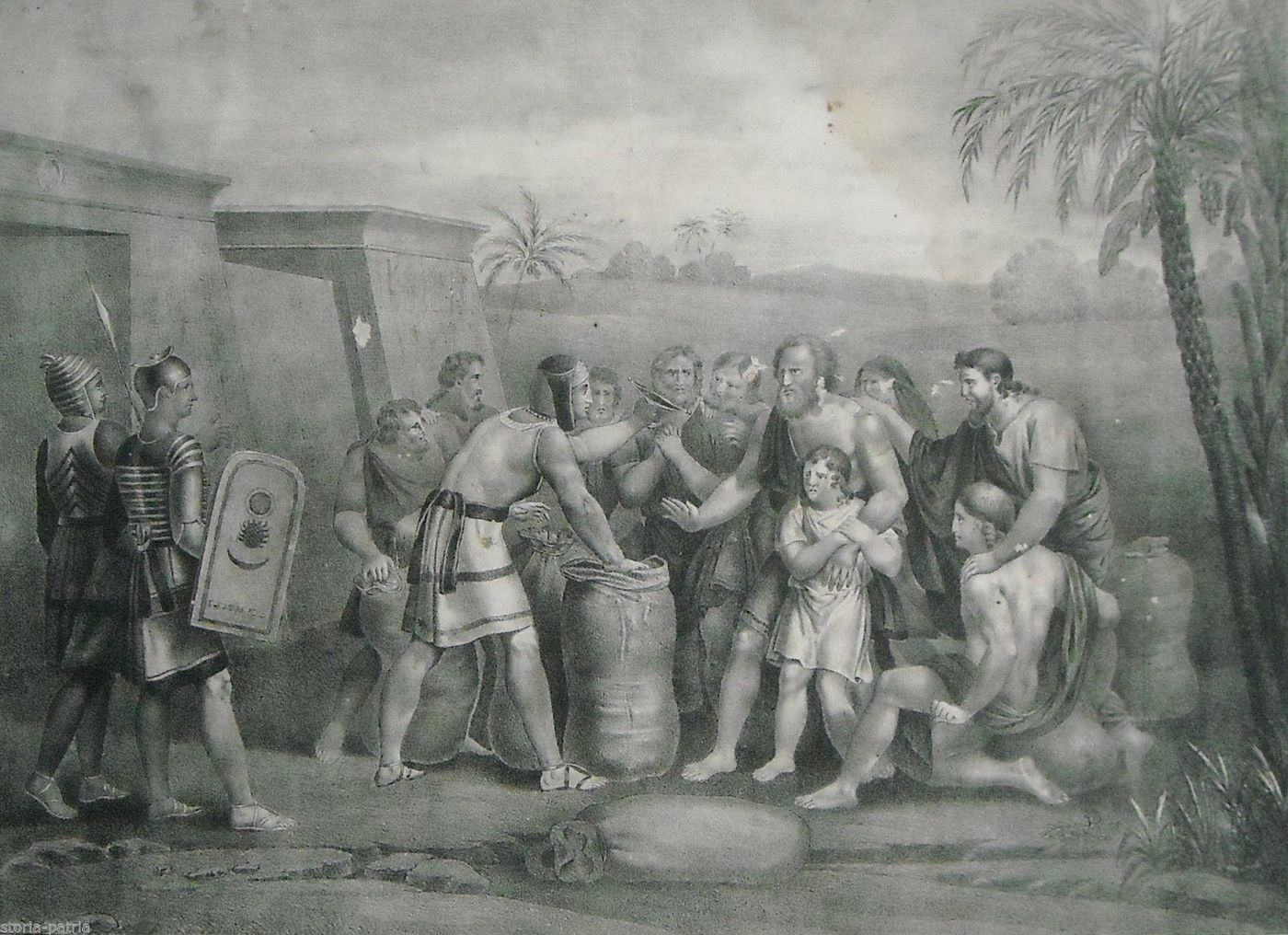 Antica Stampa Litografica Sutera: Scena Biblica In Egitto, XIX Secolo
