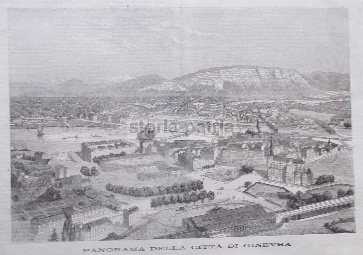 Antica Incisione Xilografica Di Ginevra, Svizzera: Panorama Del XIX Secolo