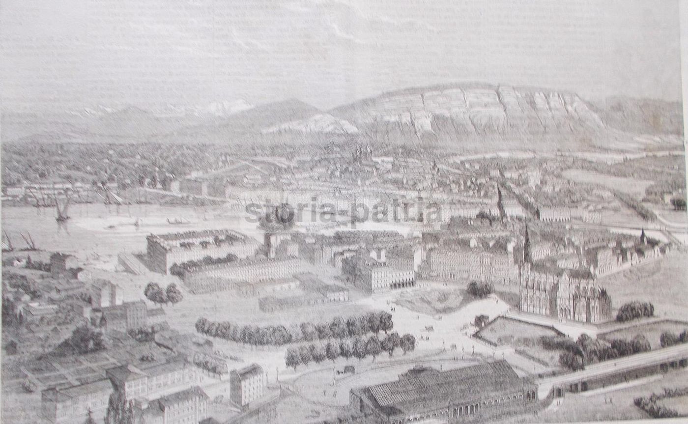 Antica Incisione Xilografica Di Ginevra, Svizzera: Panorama Del XIX Secolo