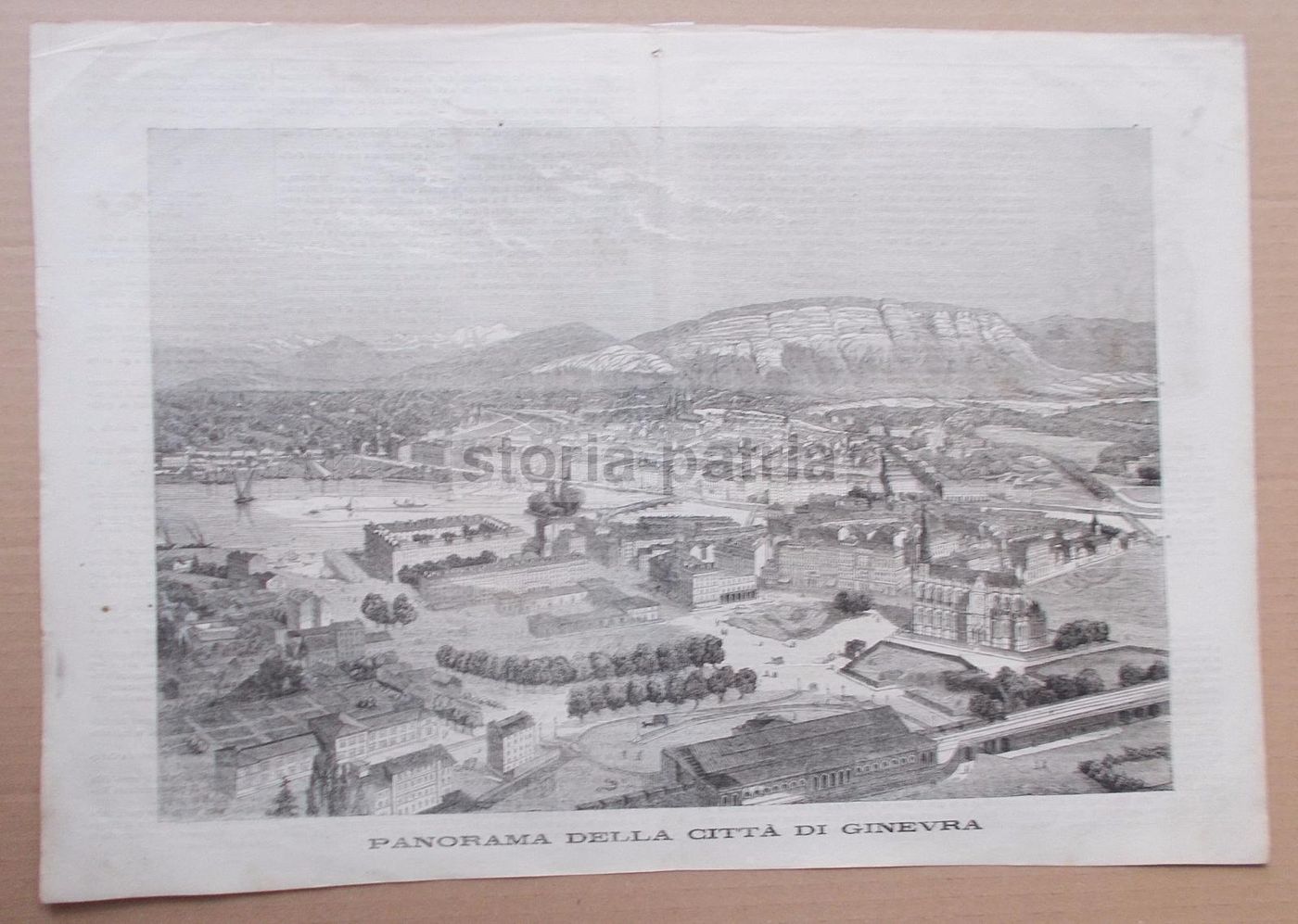 Antica Incisione Xilografica Di Ginevra, Svizzera: Panorama Del XIX Secolo