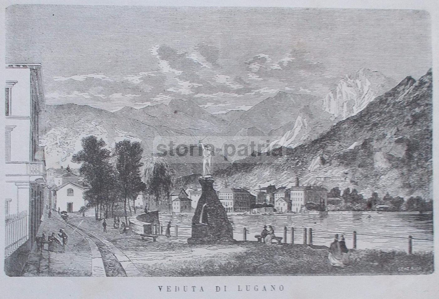 Antica Incisione Xilografica Di Lugano, Svizzera, XIX Secolo