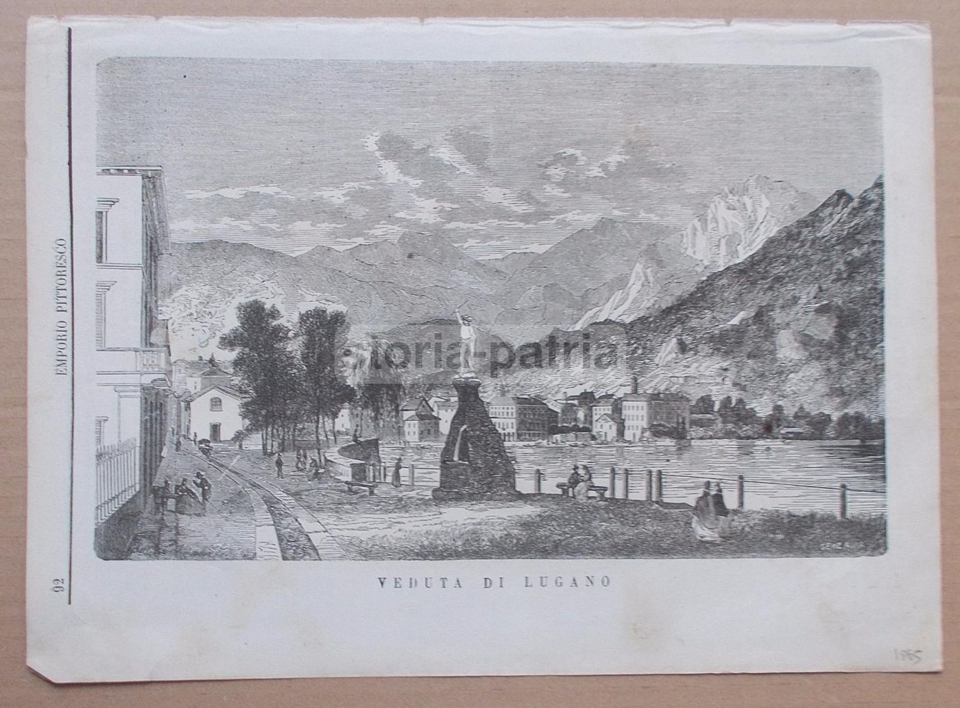 Antica Incisione Xilografica Di Lugano, Svizzera, XIX Secolo