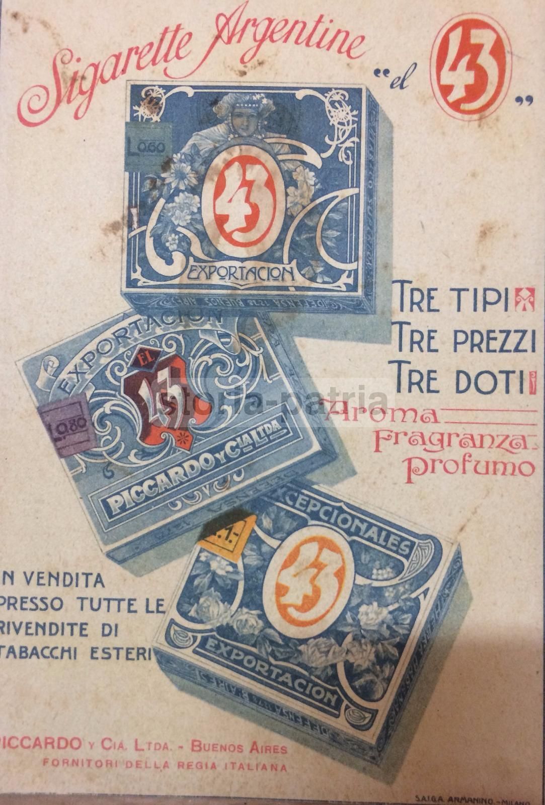 Pubblicità Sigarette Argentine El 43 Piccardo Buenos Aires 1917