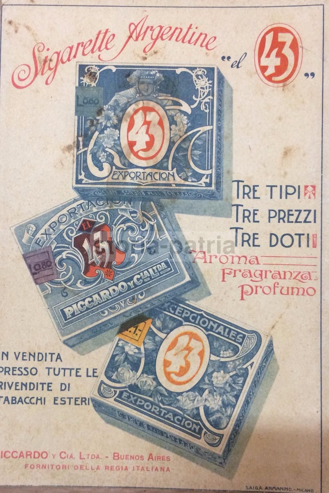 Pubblicità Sigarette Argentine El 43 Piccardo Buenos Aires 1917