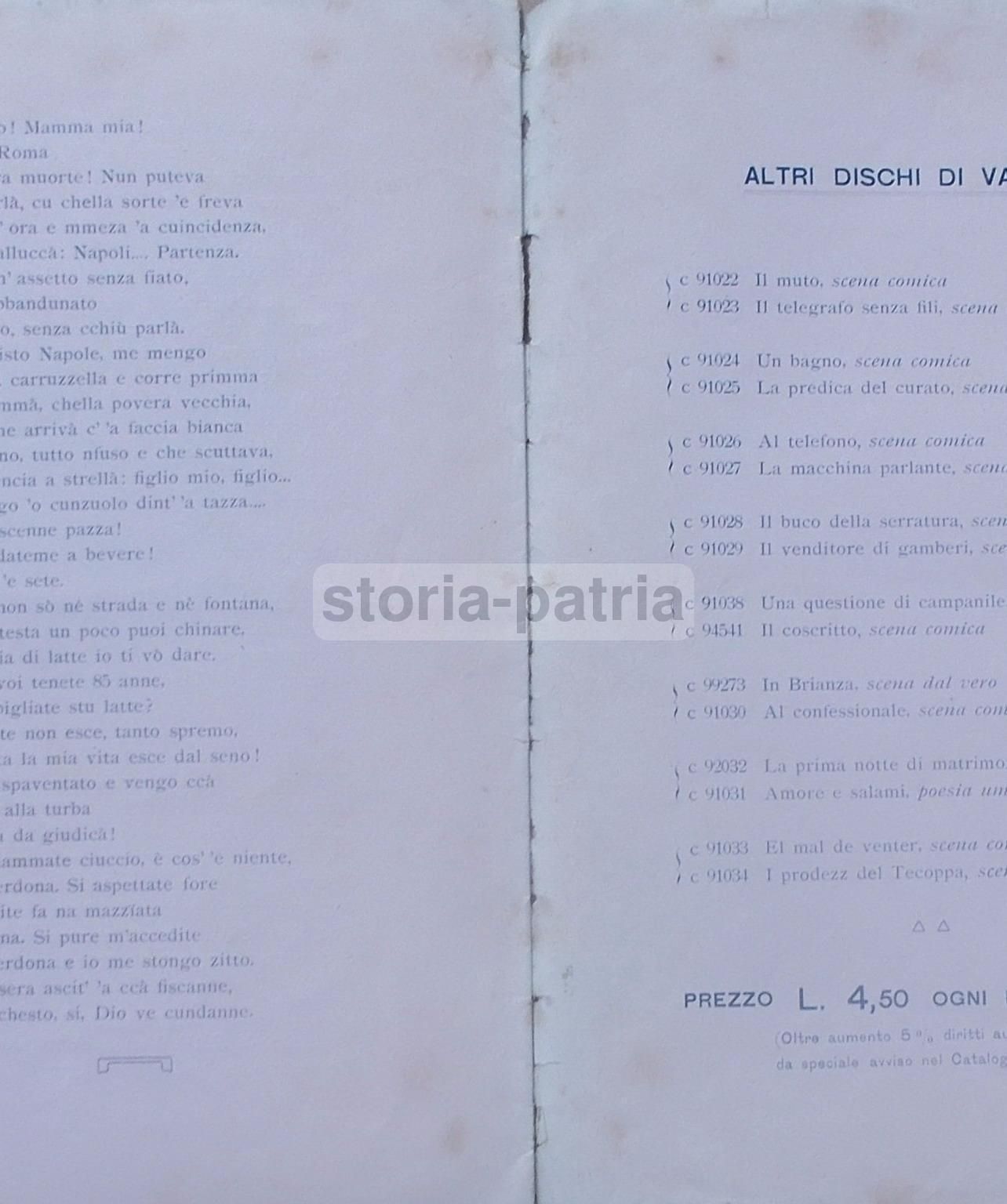 Catalogo Dischi Teatro Comico Napoletano Scarpetta 1907 Zonofono