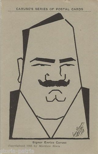 Enrico Caruso: Caricatura Del Tenore In Cartolina d'Epoca (1908)