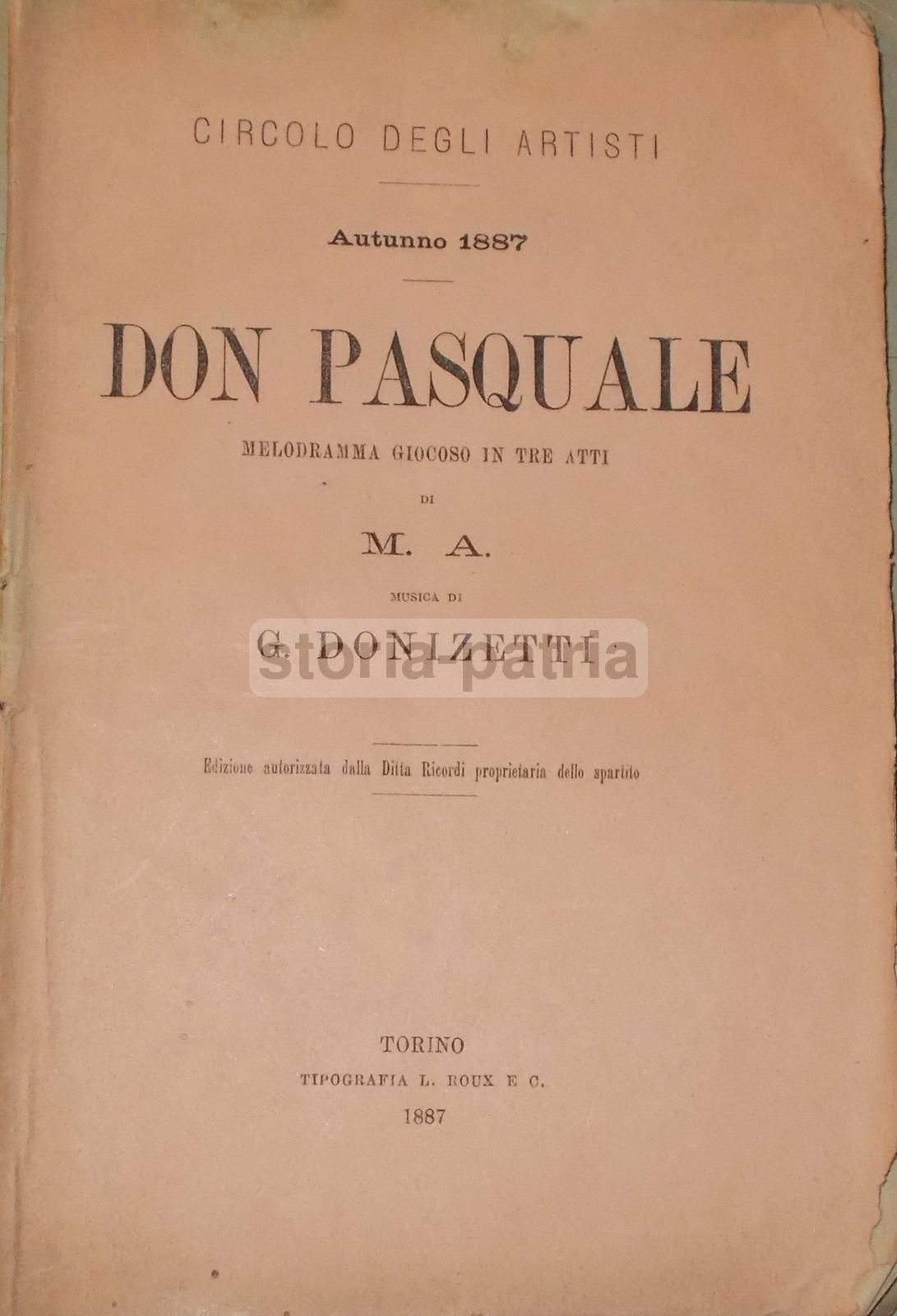 Don Pasquale Donizetti 1887: Libretto Teatrale Roux Torino