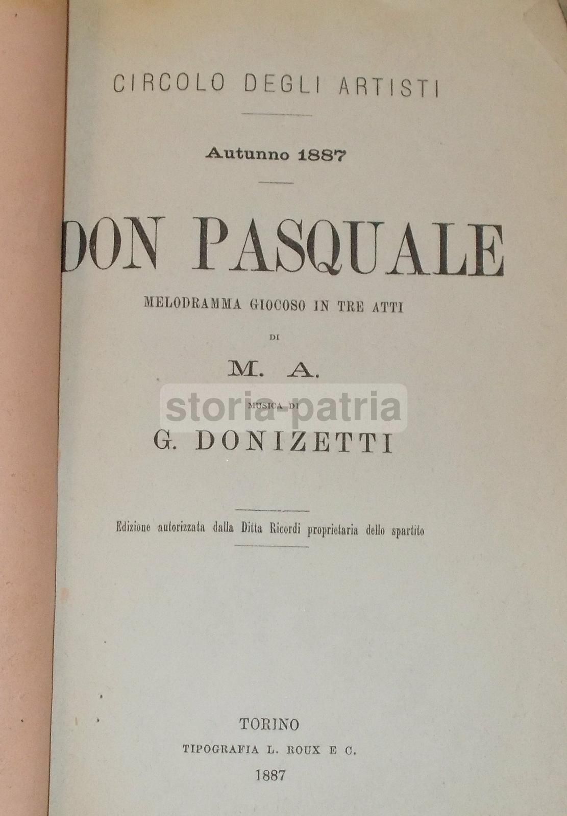 Don Pasquale Donizetti 1887: Libretto Teatrale Roux Torino