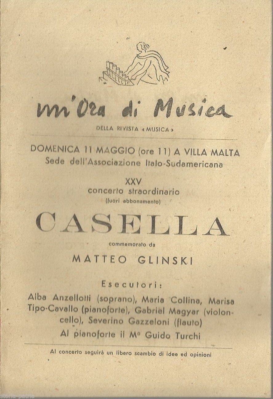 Volantino Concerto Villa Malta Roma Casella Gazzelloni Turchi 1950