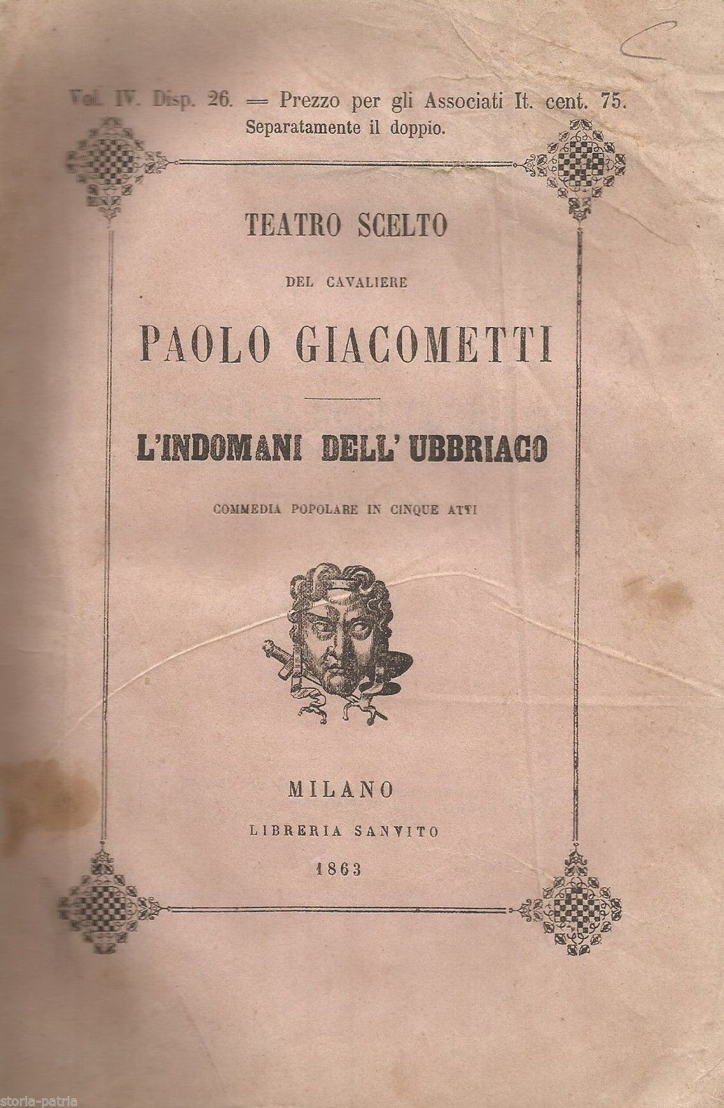 L'Indomani Dell'Ubbriaco. Paolo Giacometti. Milano, Sanvito, 1863