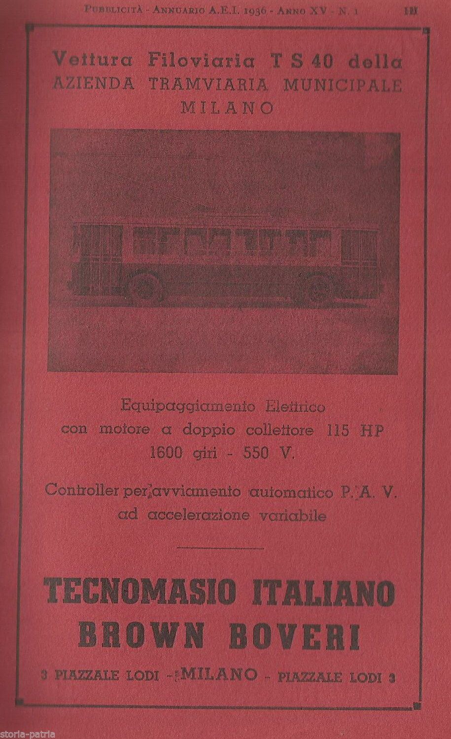 Filobus ATM Milano 1936: Tecnomasio Brown Boveri E Marelli, Pubblicità