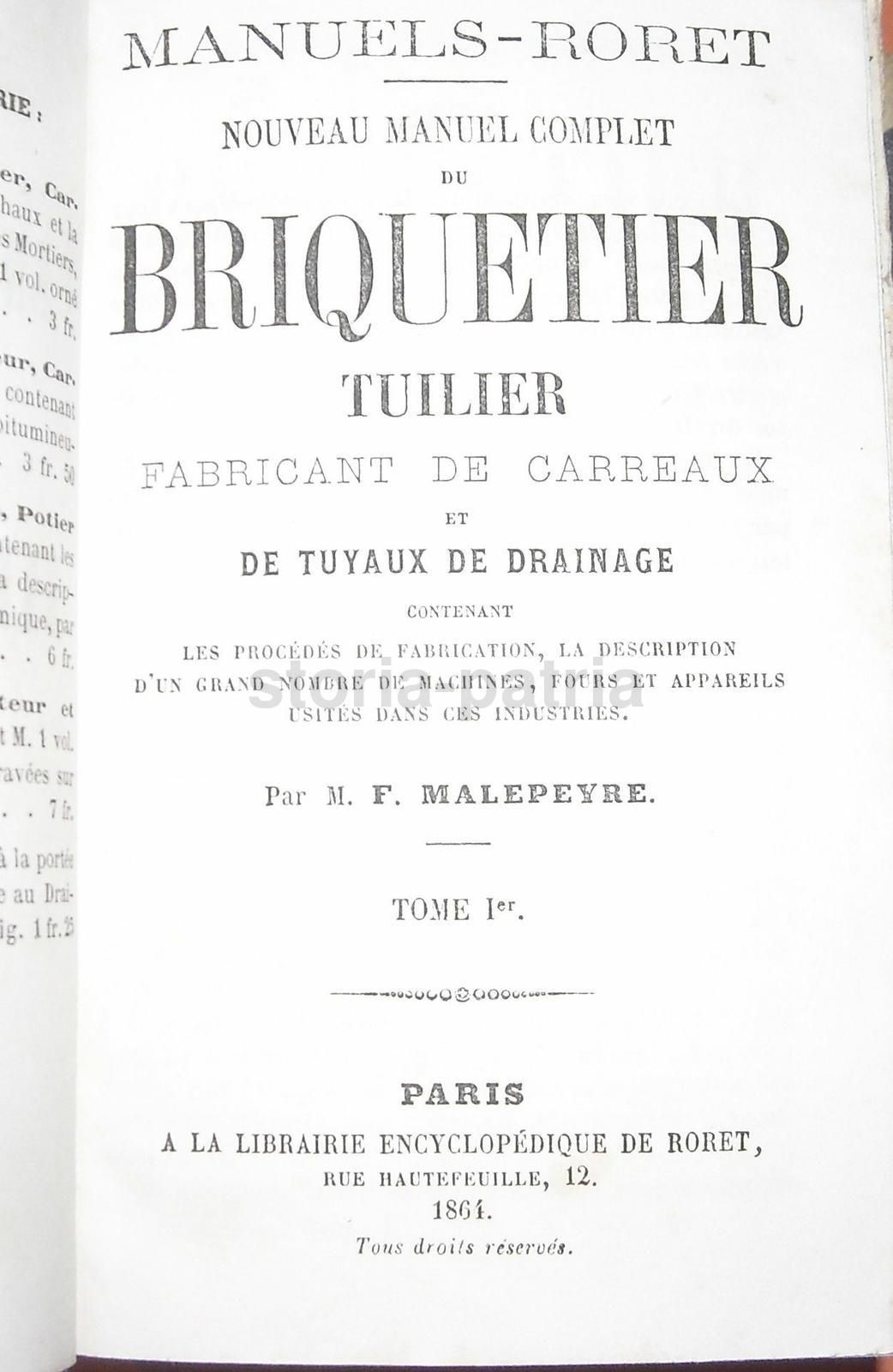 Manuale Briquetier Tuilier Malepeyre 1864 Mattoni Argilla
