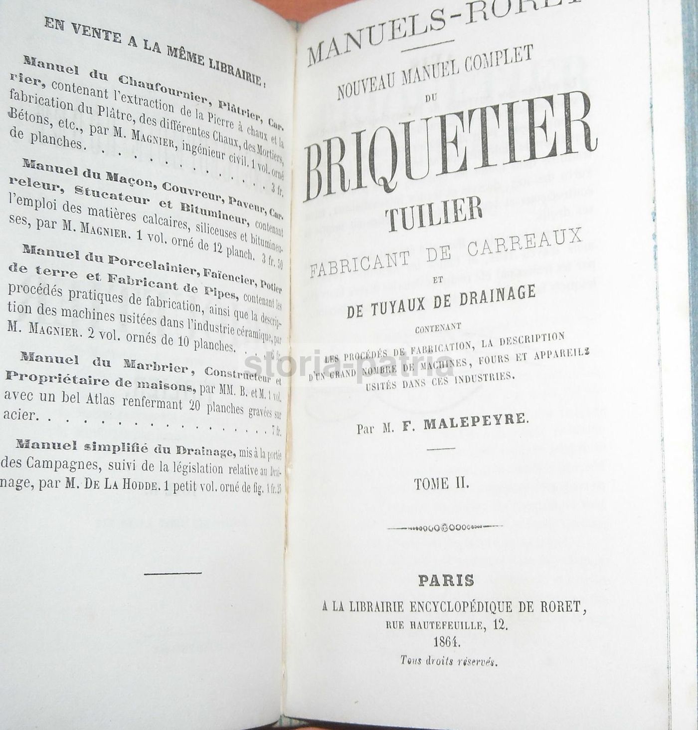 Manuale Briquetier Tuilier Malepeyre 1864 Mattoni Argilla