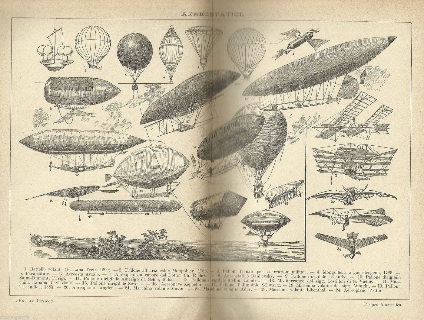 Stampa Antica Aerostatici Mongolfiere Dirigibili Zeppelin 1920