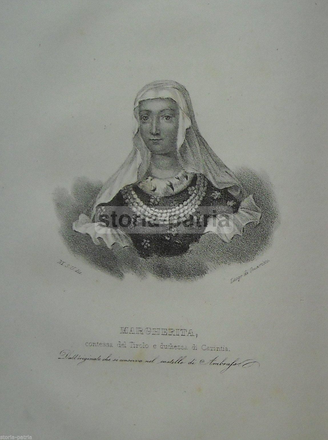 Litografia Antica Della Contessa Margherita Del Tirolo, Castello Di Ambras, 1840 Circa