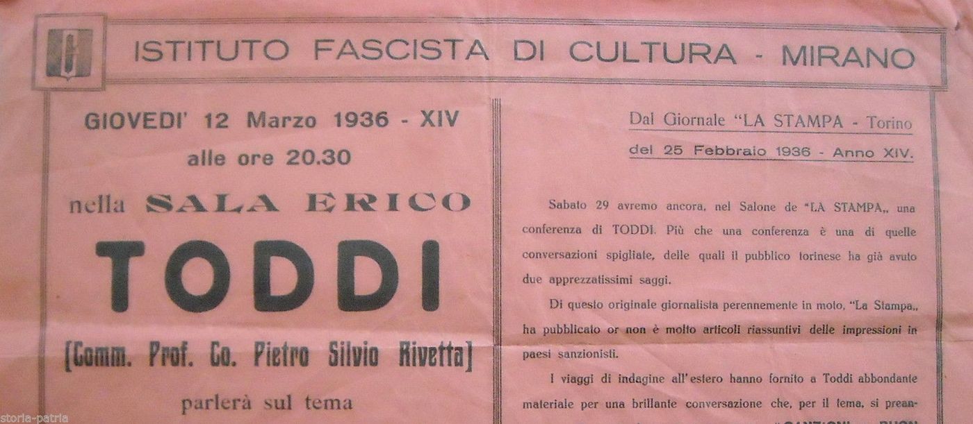 Volantino Conferenza Toddi Rivetta Mirano 1936 Epoca Fascista