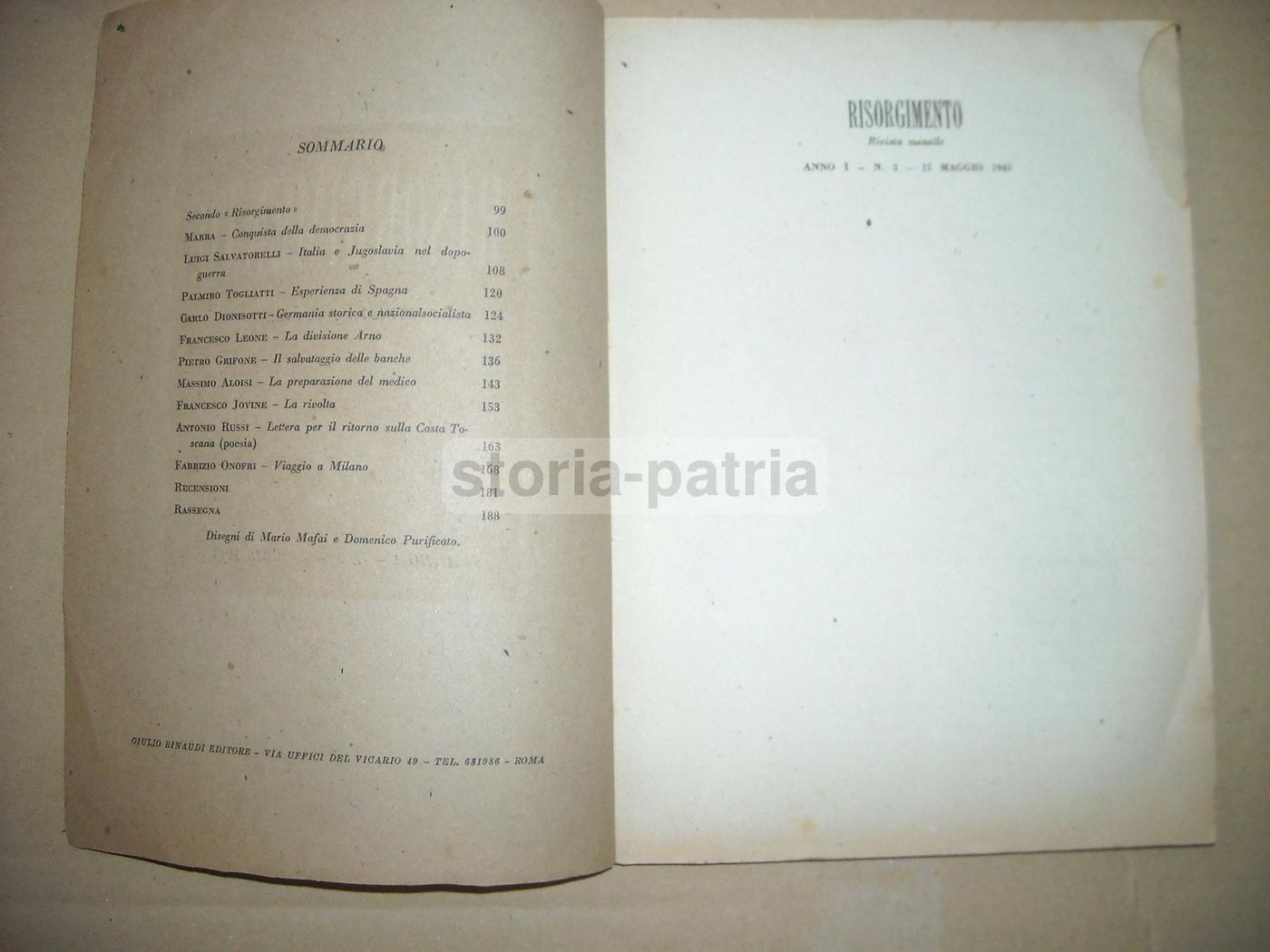 Risorgimento: Rivista Mensile (Einaudi, 1945)   Togliatti, Mafai, Purificato