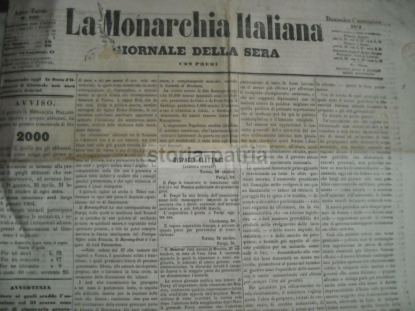 La Monarchia Italiana Giornale Della Sera Torino 1863 Originale