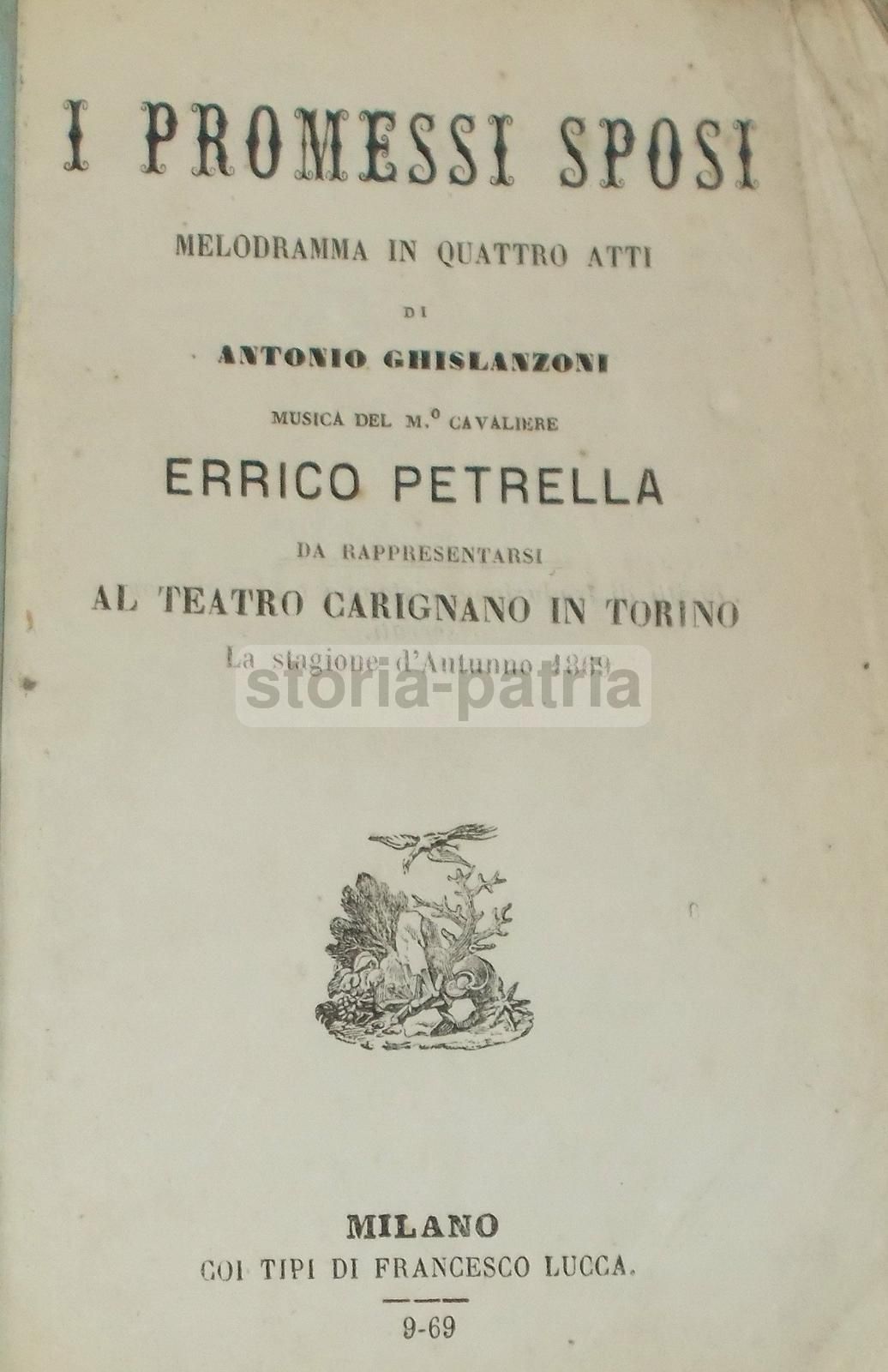Libretto De I Promessi Sposi, Ghislanzoni, Petrella, Teatro Carignano, 1869