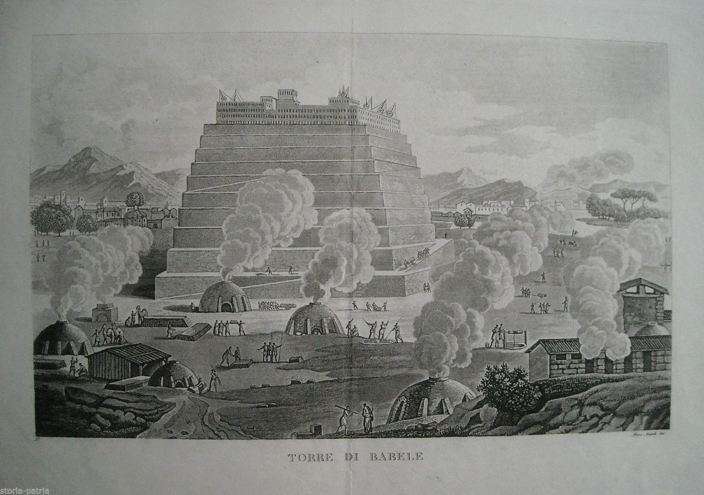 Torre Di Babele. Incisione Antica Di Alessandro Angeli, XIX Secolo