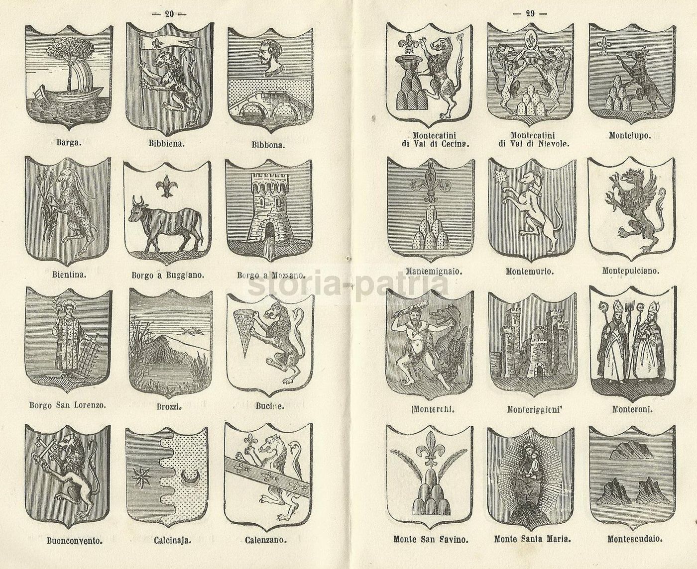 Stampa Antica Stemmi Araldici Della Toscana (Bibbiena, Orbetello, Asciano)
