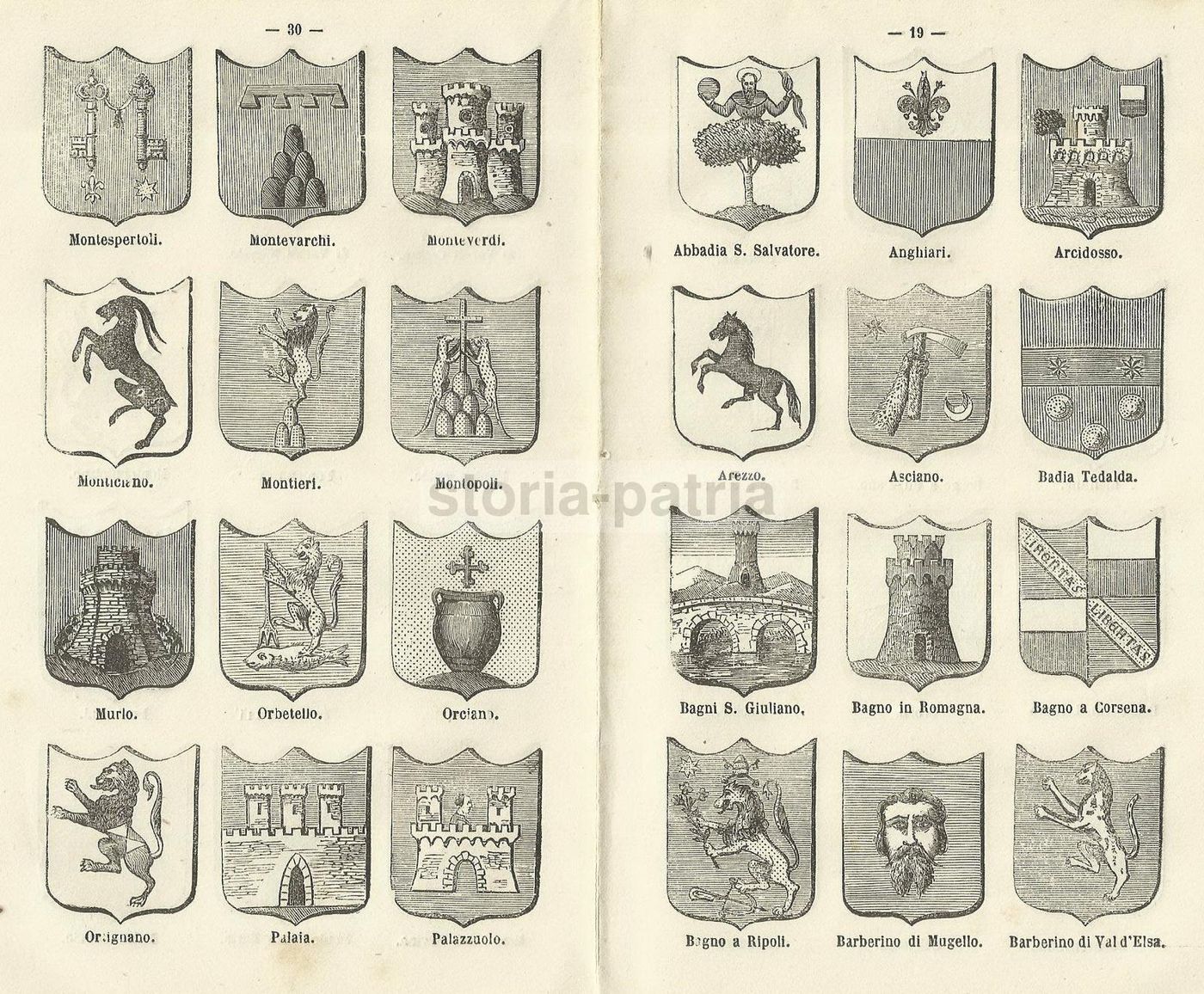 Stampa Antica Stemmi Araldici Della Toscana (Bibbiena, Orbetello, Asciano)