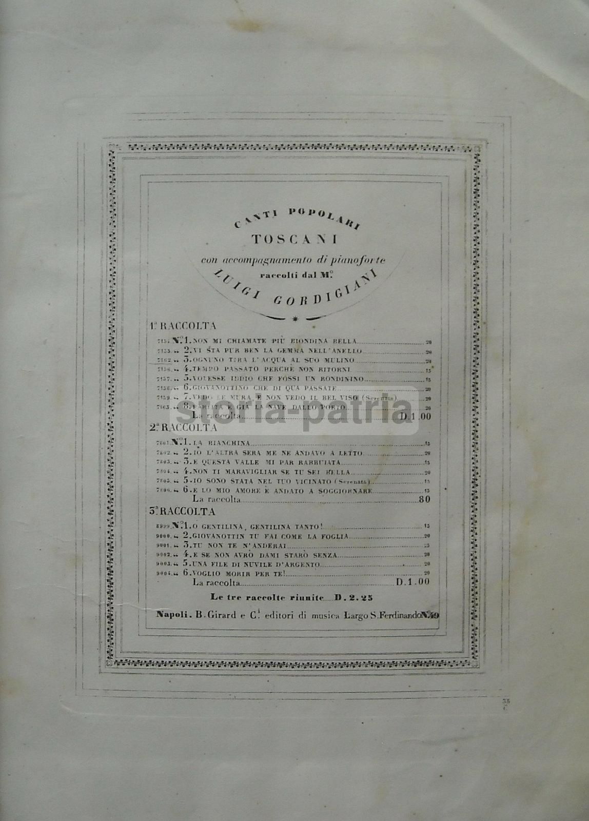 Spartito Musicale Antico Di Luigi Gordigiani, Canti Toscani, Napoli, XIX Secolo