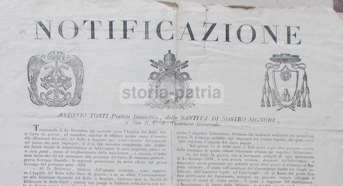 Notificazione Carte Da Gioco, Roma 1837, Tosti, Vannini, Tarocchi