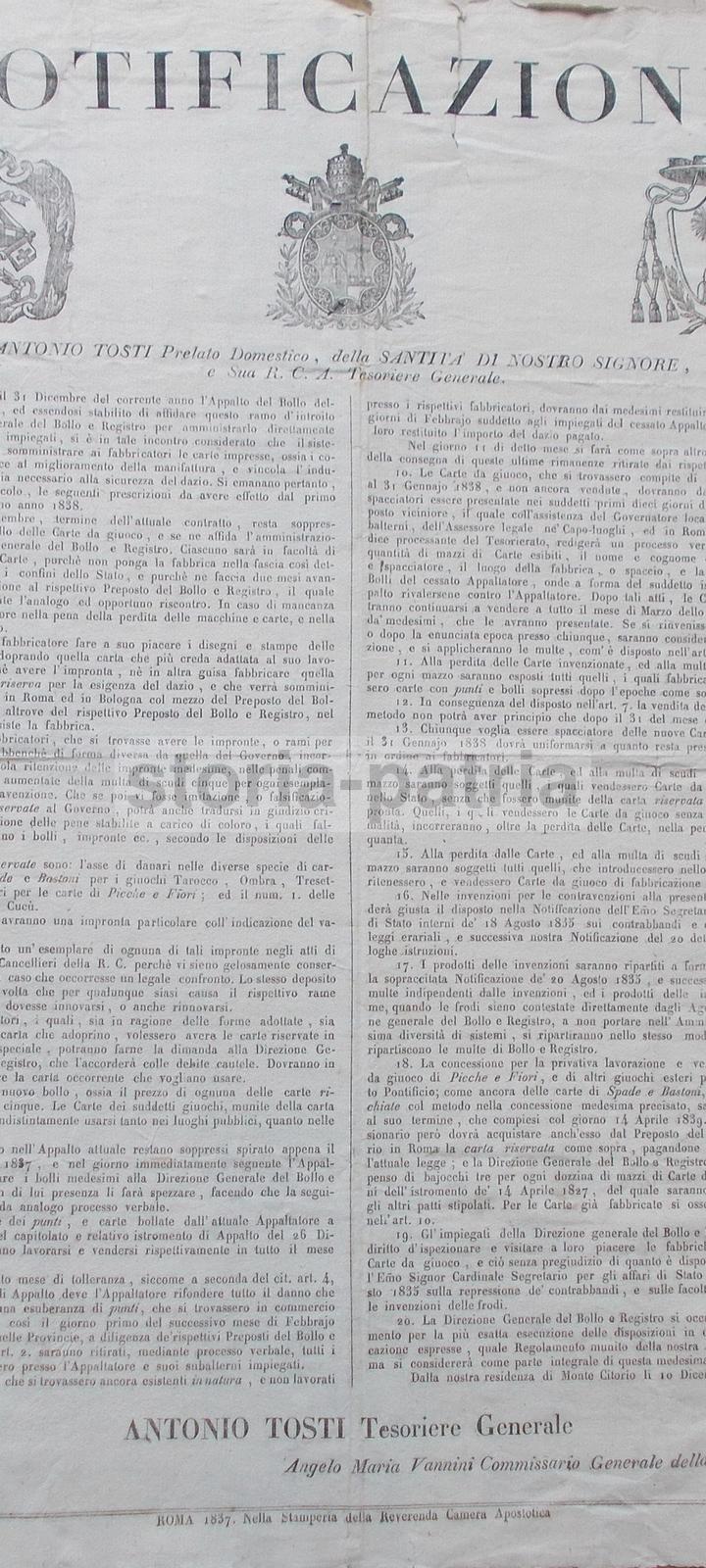 Notificazione Carte Da Gioco, Roma 1837, Tosti, Vannini, Tarocchi