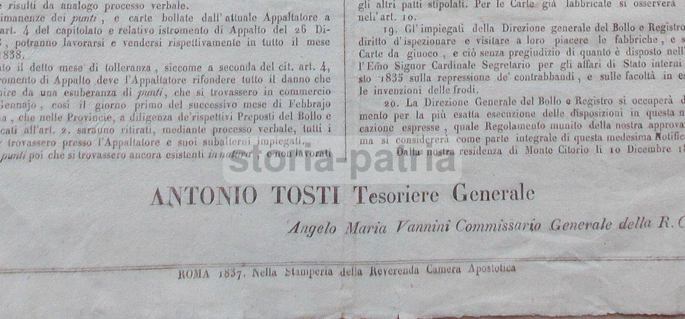Notificazione Carte Da Gioco, Roma 1837, Tosti, Vannini, Tarocchi