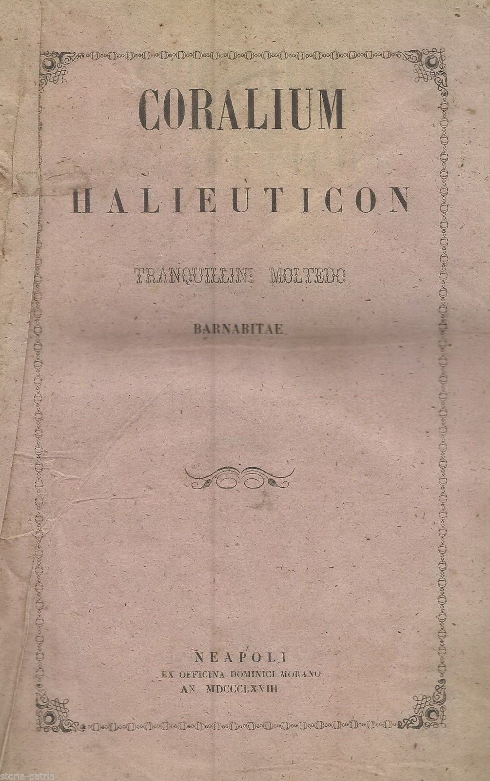 Coralium Halieuticon. Tranquillini Moltedo. Napoli, Morano, 1868